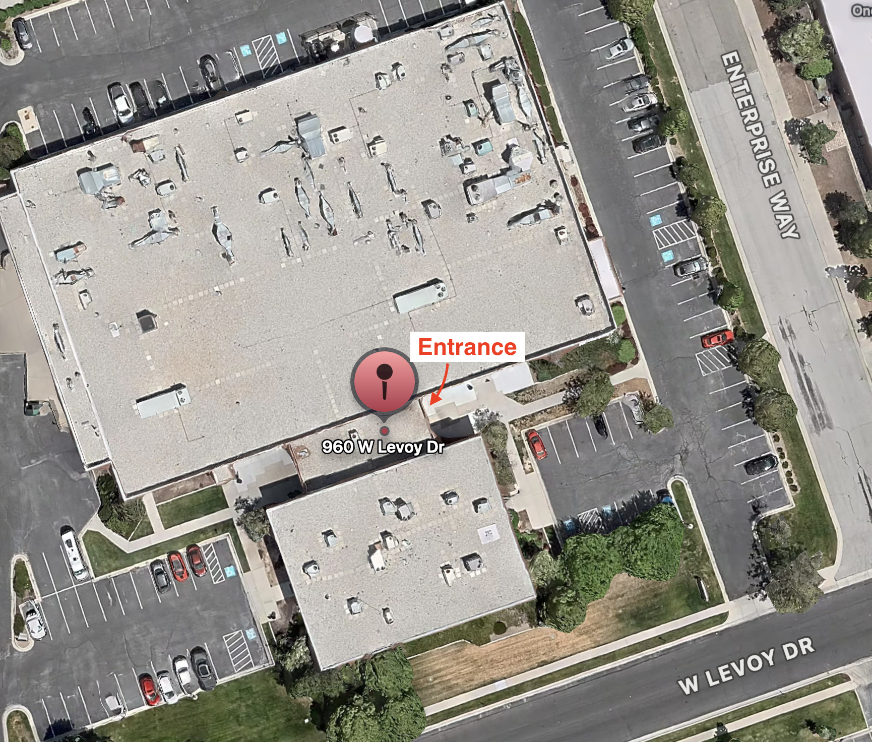 Map showing PEAK Athletics Training location at 960 W Levoy Dr, Salt Lake City, UT